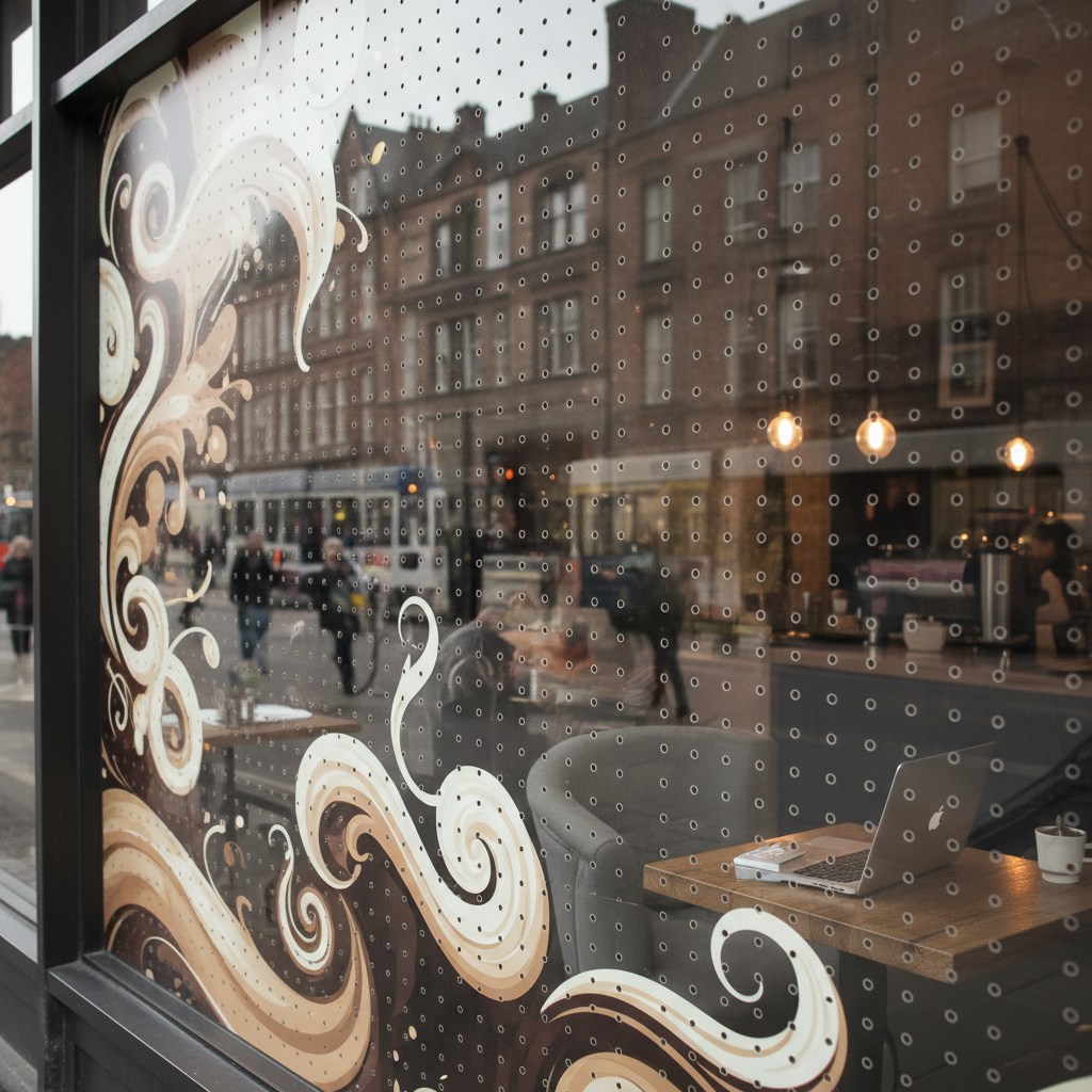Window graphics for coffee shop